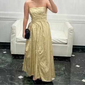 Emma domb vintage gold jacquard strapless evening gown maxi dress